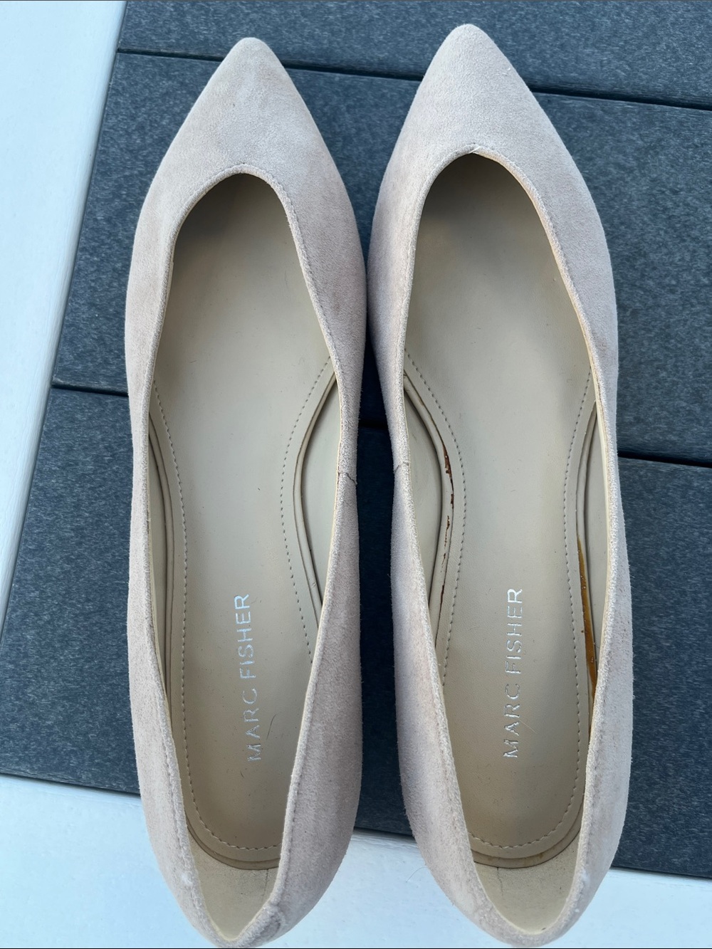 Marc Fisher Pointed Toe Flats in Light Beige Suede